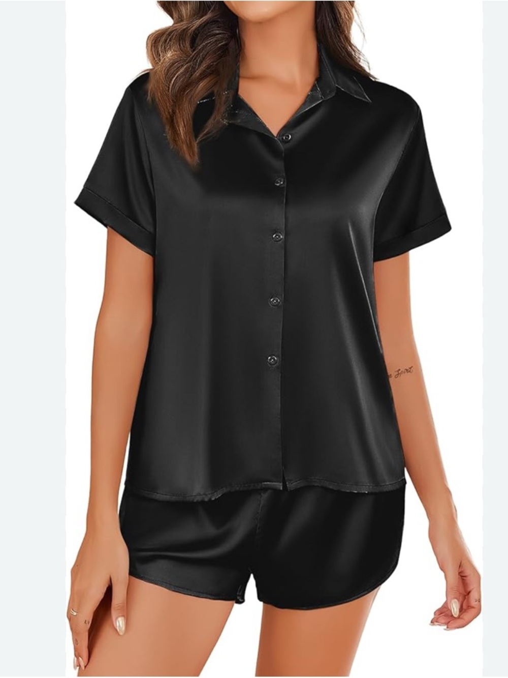 EKOUARE Woman’s Small Short Sleeve Satin Short Pajama 2 Piece Set Button Down